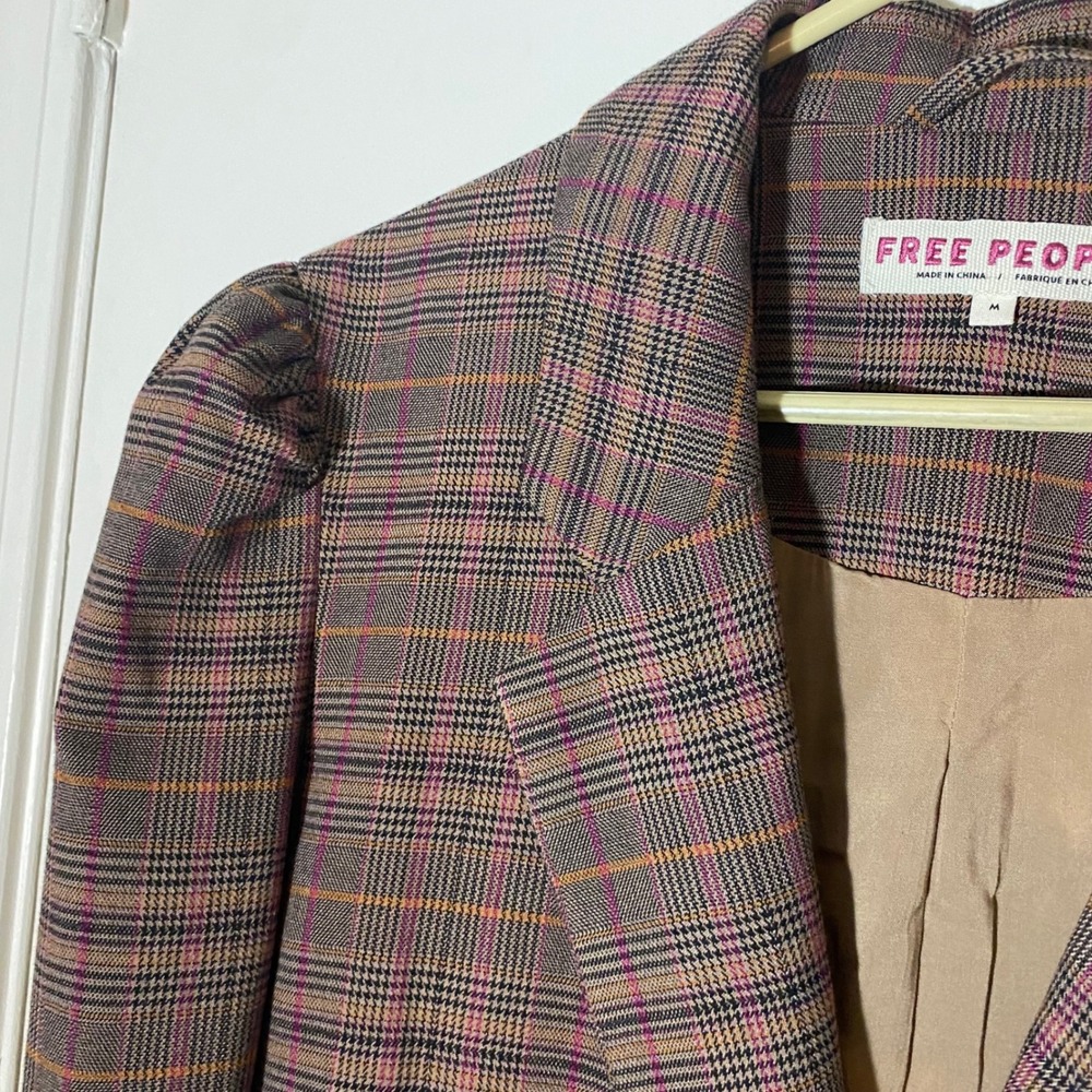 Free People Women's Plaid Blazer Jacket Brown Pink Orange Career Puff Sleeve‎ - Picture 3 of 9